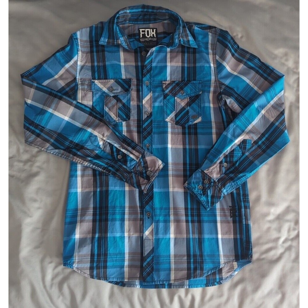 Fox Racing Mens Long Sleeve Blue Gray  Plaid Cotton Blend Sz Small